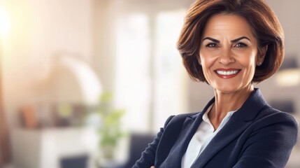 a woman in a suit smiling at the camera