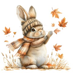 Rabbit chasing fallen leaves in the vegetable garden, full body, single object, watercolor illustration, autumn season