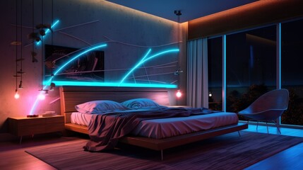 Modern Bedroom with Neon Lights and a View