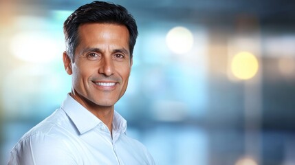 Fototapeta premium a man in a white shirt smiling at the camera