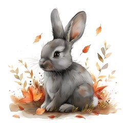 cute cartoon Rabbit sitting on autumn leaves in the garden, Autumn season, single object, watercolor illustration