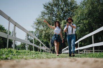 Young couple walking on a rustic farm path on a sunny day, enjoying an outdoors moment with trees in the background.
