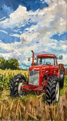 Obraz premium Red tractor in field, oil painting, blue sky, clouds.