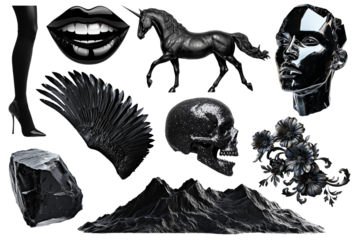 Set of black fashion and abstract objects. Ideal for collage kit.