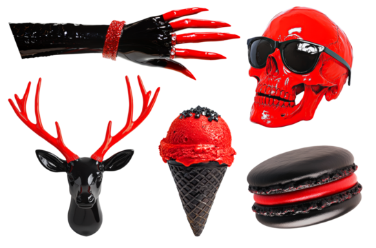 Set of black and red agressive creative fashion objects. Ideal for collage kit.