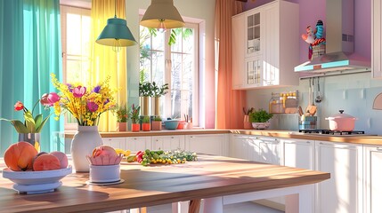 Colorful Modern Sunlit rustic kitchen interior with wooden cabinets and appliances