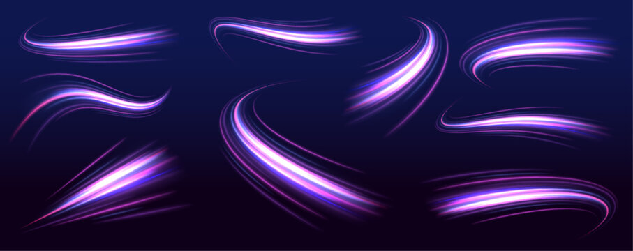 Set of neon blurry light circles at motion. Futuristic neon ribbons illustration, great for eye-catching graphics. Sleek luminous streaks design, fitting for high-energy themes. 