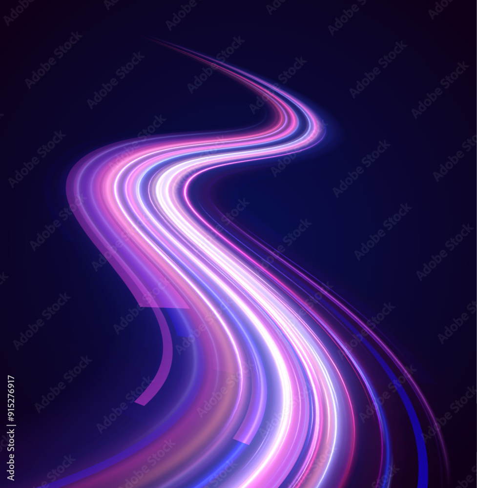 Poster High tech concept with luminous arrows moving to side. Neon color glowing lines background, high-speed light trails effect. 