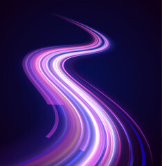 High tech concept with luminous arrows moving to side. Neon color glowing lines background, high-speed light trails effect. 