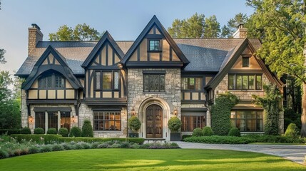 Write about half-timbered facades, steep gable roofs, and how Tudor revival architecture combines medieval charm with modern living comforts.