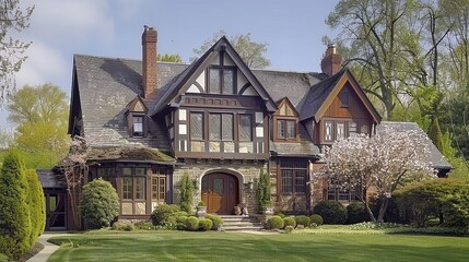 Obraz premium Write about half-timbered facades, steep gable roofs, and how Tudor revival architecture combines medieval charm with modern living comforts.