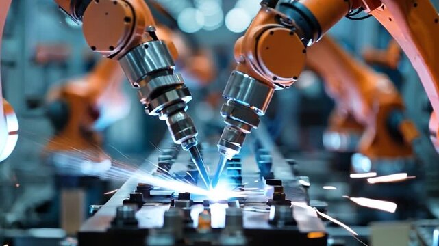 Robotic arms welding components on an assembly line, demonstrating automation and innovation in manufacturing