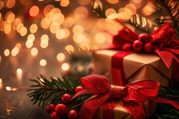 Rustic Brown Wrapped Christmas Gift Boxes with Red Ribbons - Perfect for Traditional and Cozy Holiday-Themed Designs