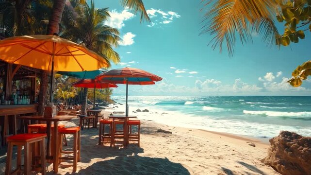 Beach bar with colorful umbrellas, serving refreshing smoothies, surrounded by palm trees, ocean waves crashing, sunny day