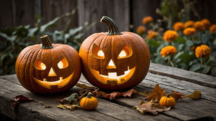 Four intricately carved pumpkins with glowing faces sit on a wooden surface surrounded by autumn leaves
