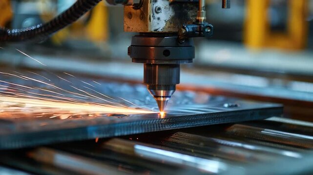 A worker using a laser cutting machine in a metal fabrication shop, demonstrating precision and technology in manufacturing