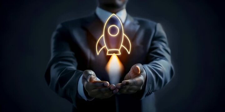 Businessman holding a rocket launch against dark background symbolizing business startup, idea and innovation, illustrating progress and future success