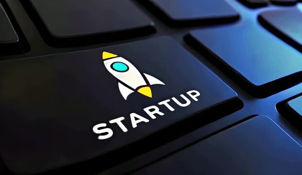 Keyboard button with rocket icon and the word Startup symbolizing start up idea and new ventures, illustrating business innovation and launch