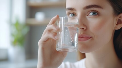 a woman drinking water from a glass
