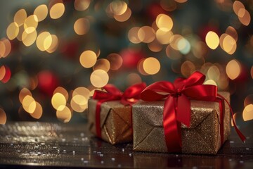 Elegant Gold and Red Christmas Gift Boxes with Bokeh Lights - Perfect for Traditional and Festive Holiday-Themed Designs