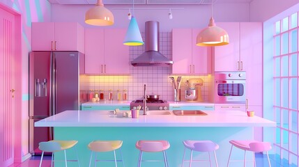 Colorful Modern Sunlit rustic kitchen interior with wooden cabinets and appliances