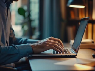 Person working on laptop computer, possibly at home or office