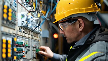 An engineer testing electrical panels in a power substation, focusing on energy distribution maintenance