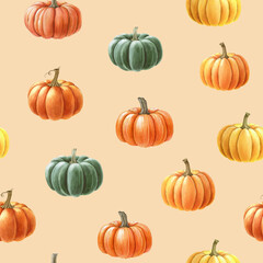 Pumpkin autumn mood seamless pattern. Watercolor painted illustration. Hand drawn different autumn ripe pumpkins decoration. Thanksgiving collection seamless pattern element in warm colors