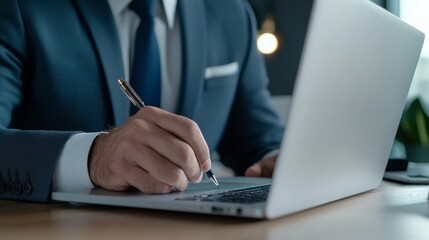 Fototapeta premium a man in a suit is typing on a laptop