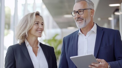 a man and woman looking at a tablet
