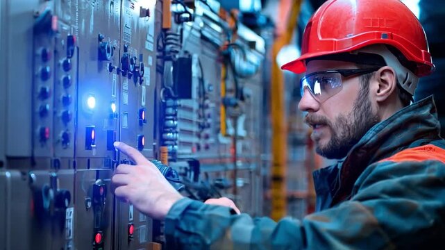 An engineer testing electrical panels in a power substation, focusing on energy distribution maintenance