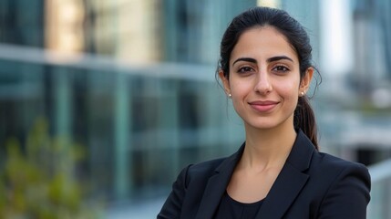 a woman in a suit standing outside