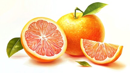 Fresh, ripe grapefruit with leaves, cut in half and slices.