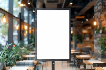 Mock up poster frame template in cafe table and seats interior advertising banner. Vertical empty advertising poster mock-up at the entrance of restaurant