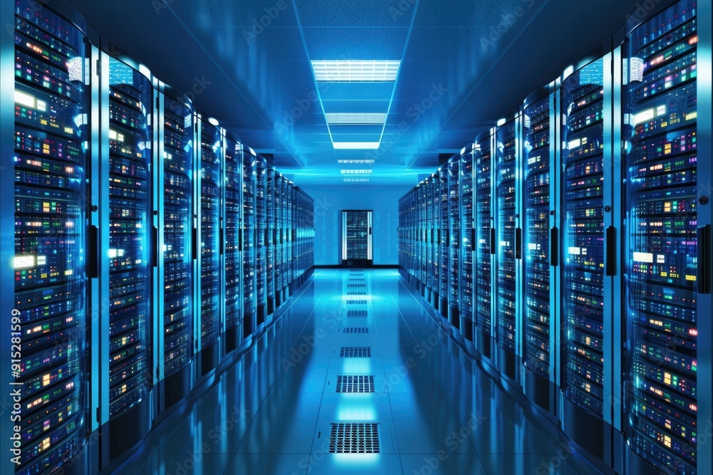 Aufkleber Row of servers in a data center or IT room, suitable for technology and business use
