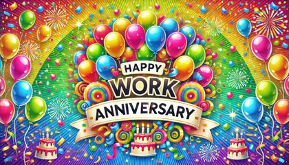 Colorful work anniversary celebration with balloons