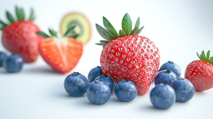 Obraz premium Strawberry and blueberry with vibrant tropical fruits, centered, on white background, 3D simulation, no shadow, high quality