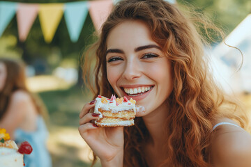 Smiling woman with red hair eating cake outdoors.