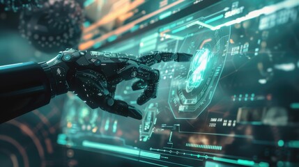 Robotic hand interacting with futuristic digital interface

