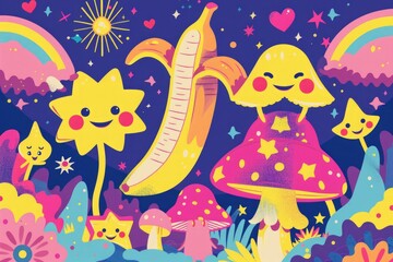 Obraz premium A group of colorful cartoon characters playing and having fun in a green field
