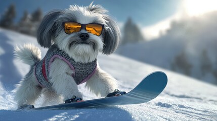 Shih Tzu Dog Skiing with Sunglasses in 3D Render, Fun and Playful Winter Sports Pet Art