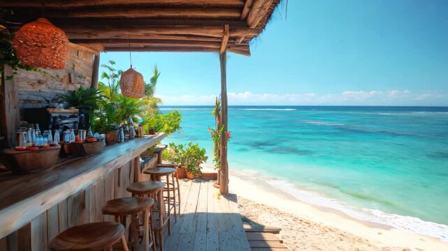 A beach bar with wooden accents, offering smoothie bowls, overlooking a panoramic ocean view, sunny day, tropical