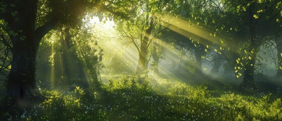 Sunlight streaming through forest creating a magical scene