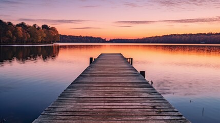 Fototapeta premium Serene Sunset Over a Tranquil Lake with a Wooden Dock