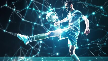 Futuristic soccer player kicking ball surrounded by digital connections - Powered by Adobe