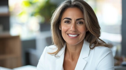 Obraz premium a woman in a white suit smiling at the camera