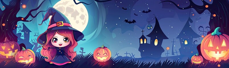A cute chibi witch on halloween themed background
