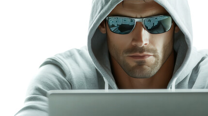 hacker with laptop, digital data security, isolated transparent png background