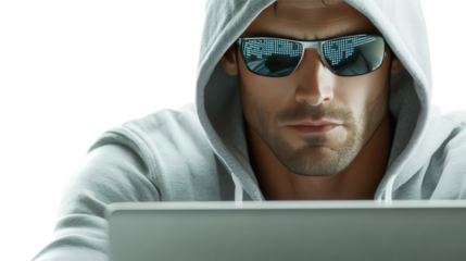 hacker with laptop, digital data security, isolated transparent png background