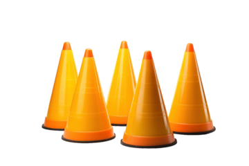 Vibrant Orange Traffic Cones Arranged Playfully in a Sunlit Urban Setting During Daytime on Transparent PNG Background.